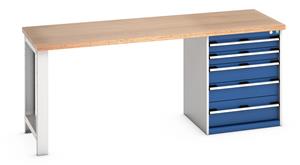 Work Bench 2000x750x840mm with MPX Top /  5 Drawer Cabinet 840mm High Benches 41003229.11v Gentian Blue (RAL5010) 41003229.24v Crimson Red (RAL3004) 41003229.19v Dark Grey (RAL7016) 41003229.16v Light Grey (RAL7035) 41003229.RAL Bespoke colour £ extra